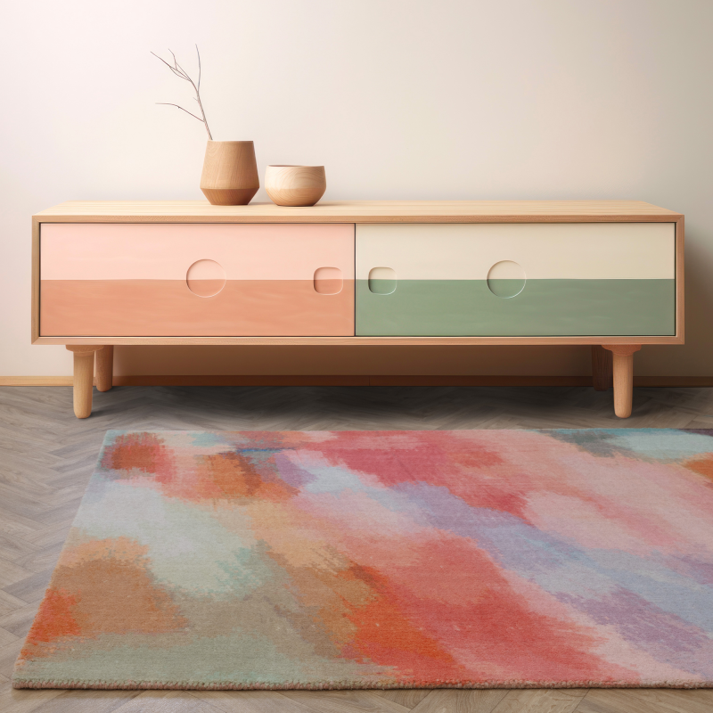 Colorful abstract rug on a wooden floor with a two-tone dresser in the background.