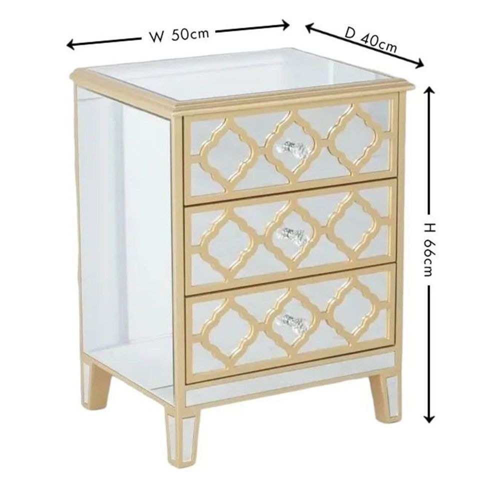 Gold-framed mirror chest of drawers with dimensions labeled