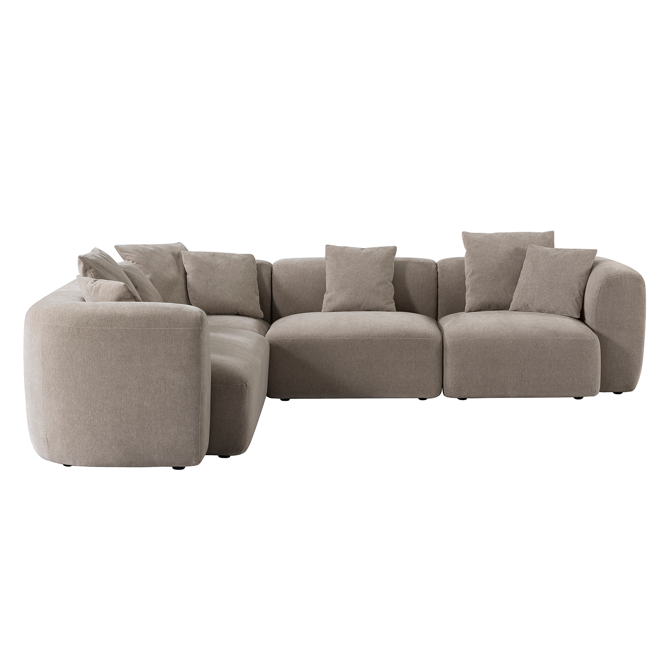 Beige sectional sofa with cushions on a white background