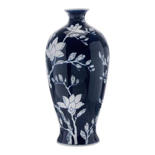 Bring timeless elegance to your home with the Oriental Blue Magnolia Ceramic Vase. Crafted from glazed ceramic in a rich navy tone, it features delicate white magnolia blossoms climbing the curved silhouette a classic nod to East Asian artistry. Perfect as a statement piece or paired in a display, it blends beautifully with traditional, vintage, or Chinoiserie interiors.