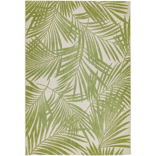 Green palm tree leaf rug, suitable for outdoors and indoors.