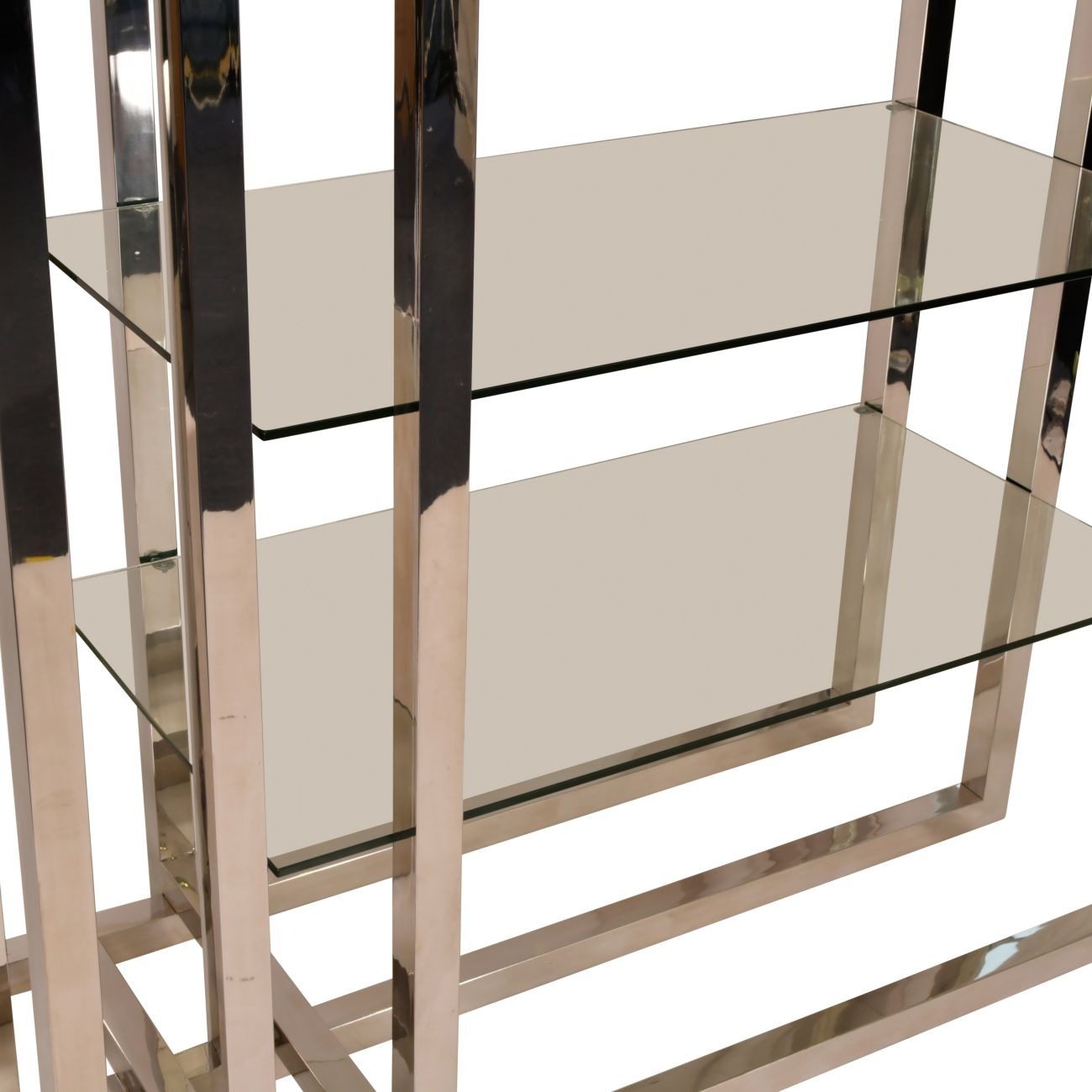 Four-shelf chrome and glass display unit, offering a modern and minimalist way to enhance your decor and showcase items.
