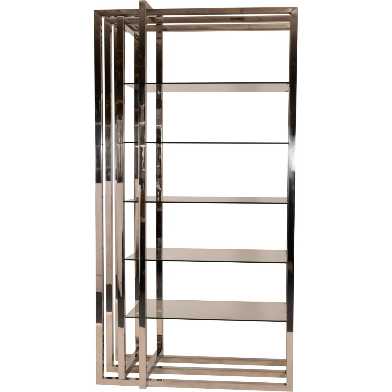 Four-shelf chrome and glass display unit in pewter. Offering a modern and minimalist way to enhance your decor and showcase items.