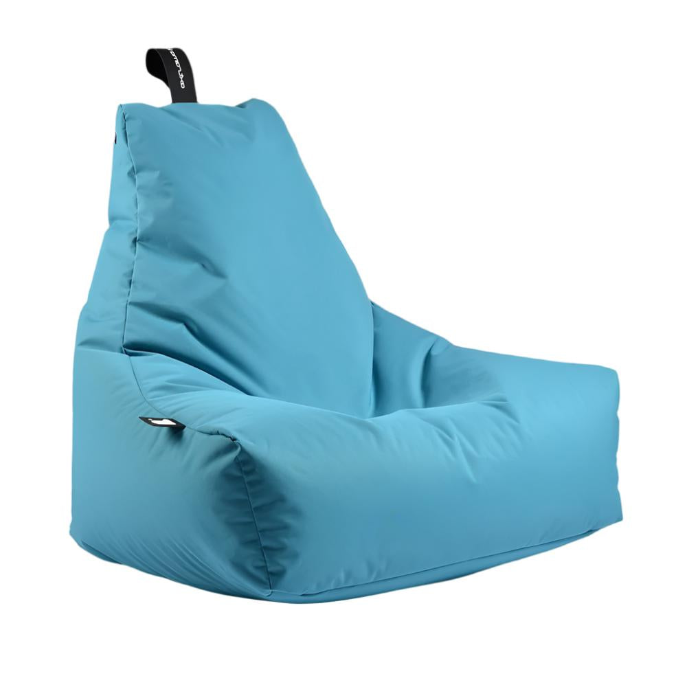 A blue bean bag chair filled with polybeads, featuring a soft and cushioned texture, with a small black tag on the top corner.