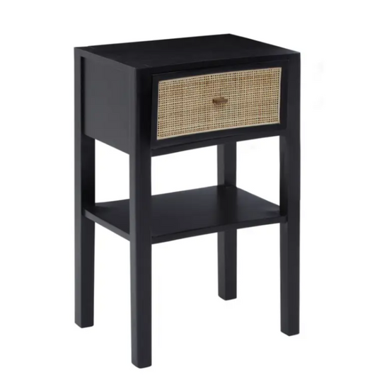 Black Rattan One Drawer Bed Side Table