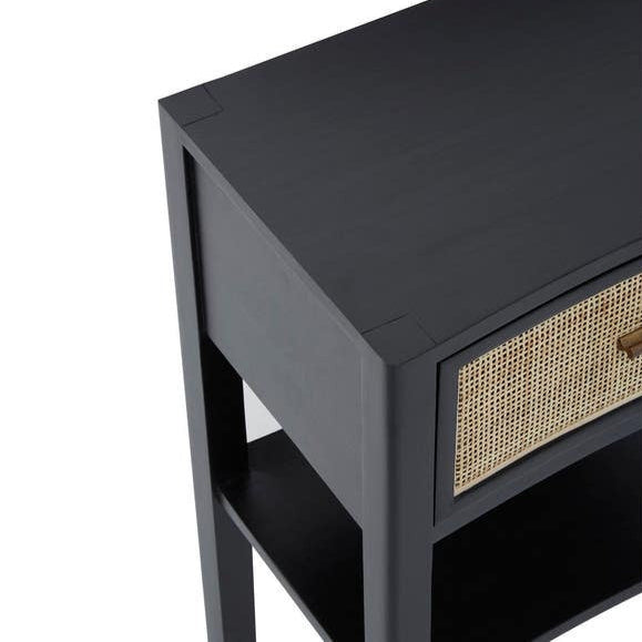 Black Rattan One Drawer Bed Side Table