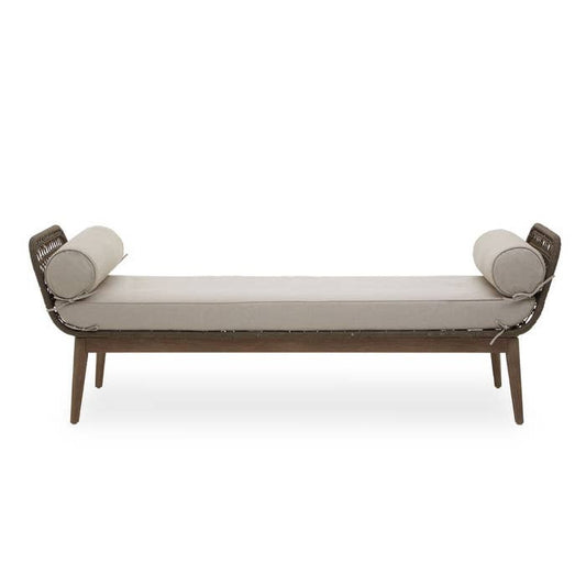 Mid-Century style Day Bed made of Rope and Mango Wood with grey padded cushions.