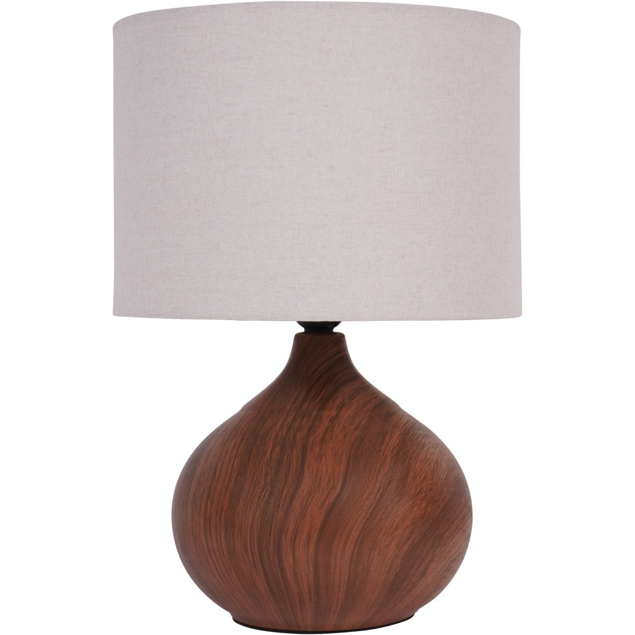 Table lamp with wooden base and beige fabric shade on a white background