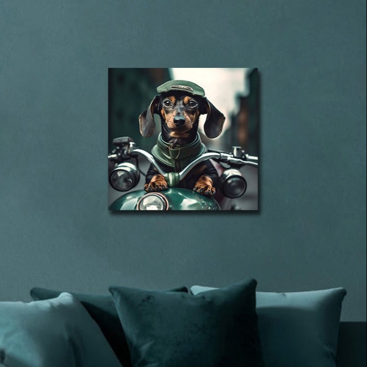 Square wall art measuring 30cm by 30cm, featuring a stylised sausage dog with exaggerated features riding in a motorcycle sidecar, set against a neutral background. The dog's bold lines and vivid colours create a striking contrast, making this tempered glass print a standout piece for modern or eclectic interiors.