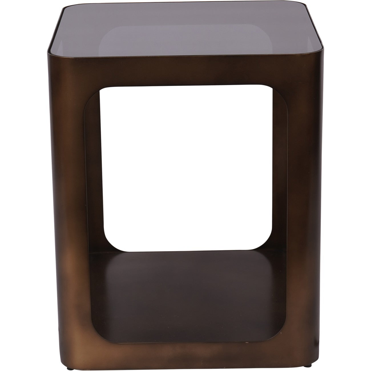 Brown square table with glass top on a white background