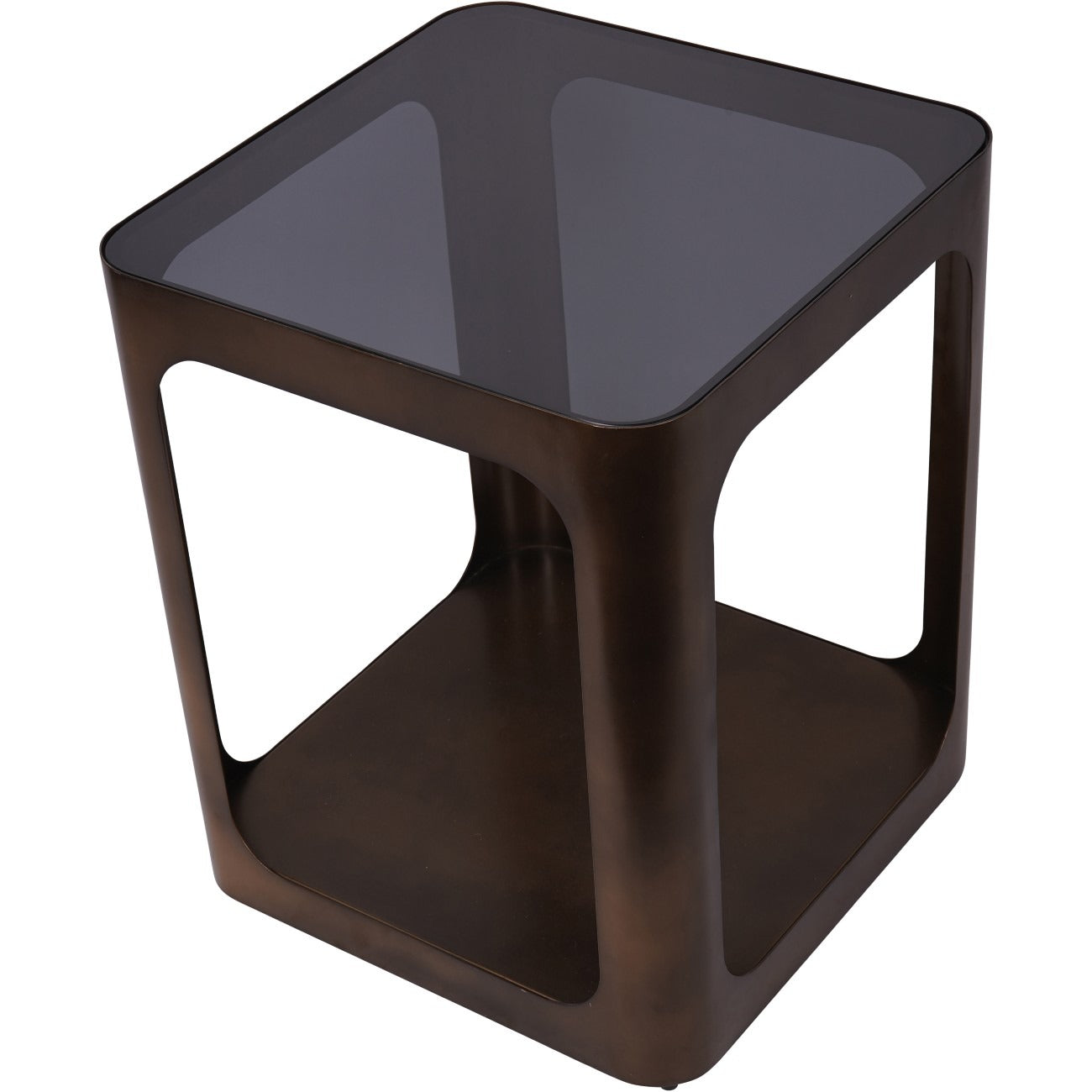 Modern side table with smoked glass top and dark wood base on a white background