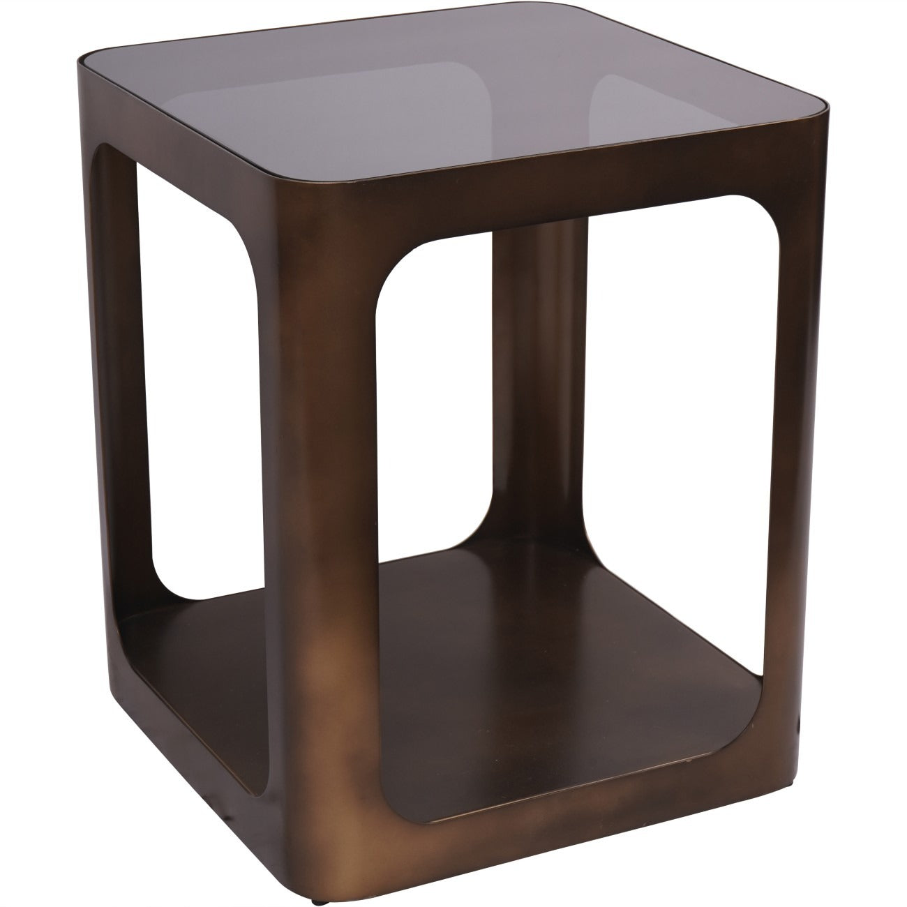 Brown side table with a glass top on a white background