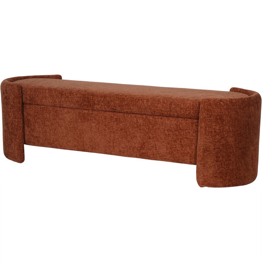 A warm terracotta storage bench with curved arms, combining comfort and sophistication for seating and storage needs.