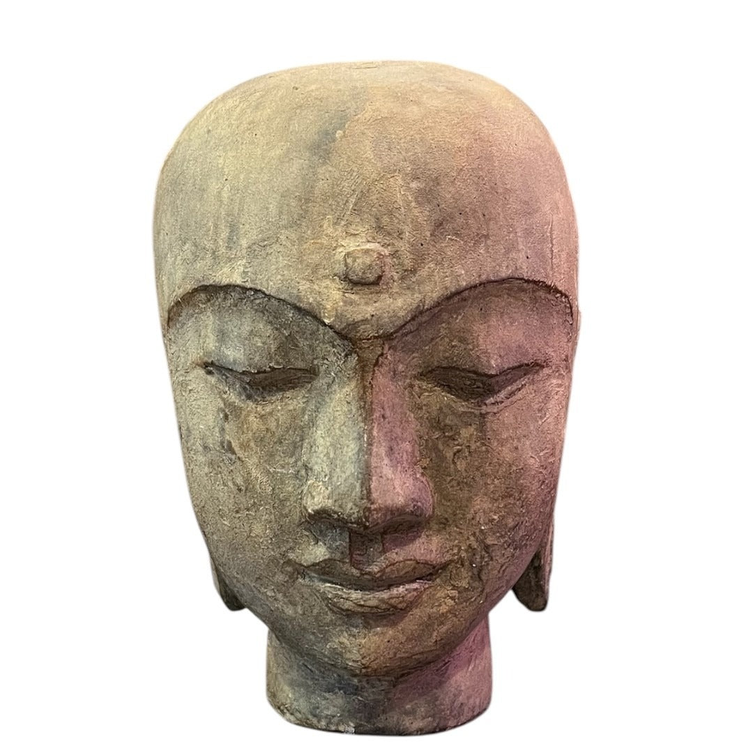 A plain white background showing a grey Stone Monk Head, a monk with its eyes closed in peaceful meditation, reminiscent of Buddha.