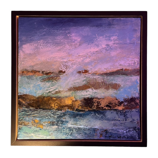 Translucence Painting by Julia Talbott Dunn, original abstract acrylic of a coastal scene. Blue, gold, white.