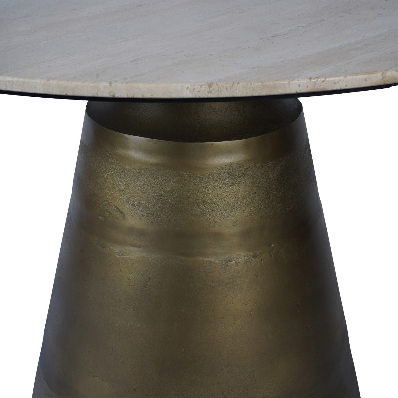 Close-up of a round table with a light travertine top and bronze base on a white background