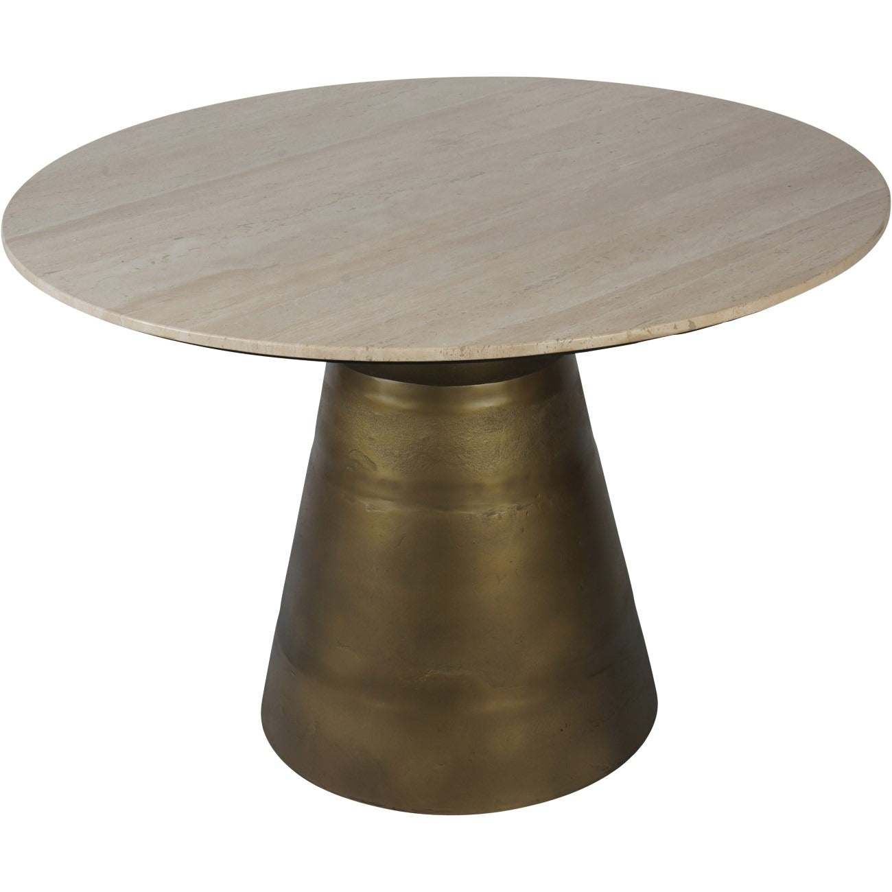 Round table with a beige top and bronze base on a white background