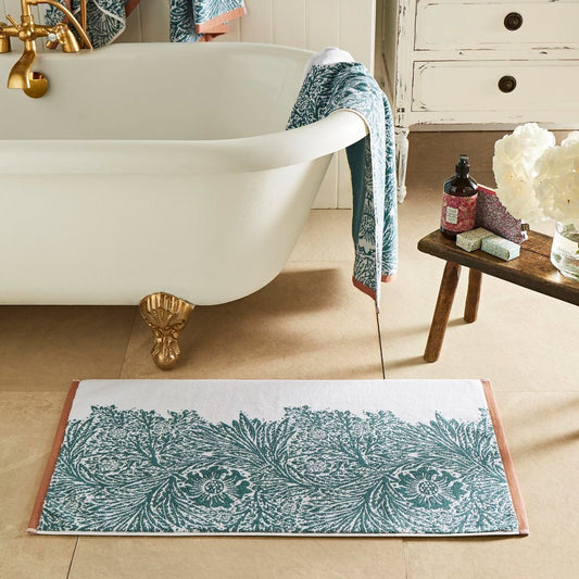 William Morris Turquoise Marigold Bath Mat and Bath Towel