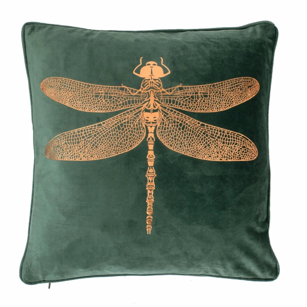 Velvet Dragonfly Green and Copper Cushion