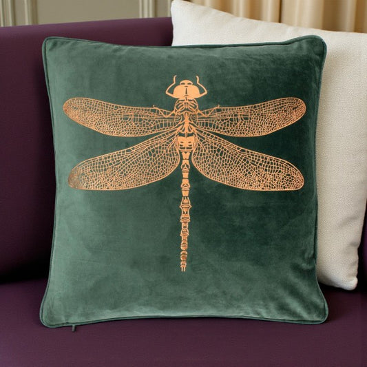 Velvet Dragonfly Green and Copper Cushion