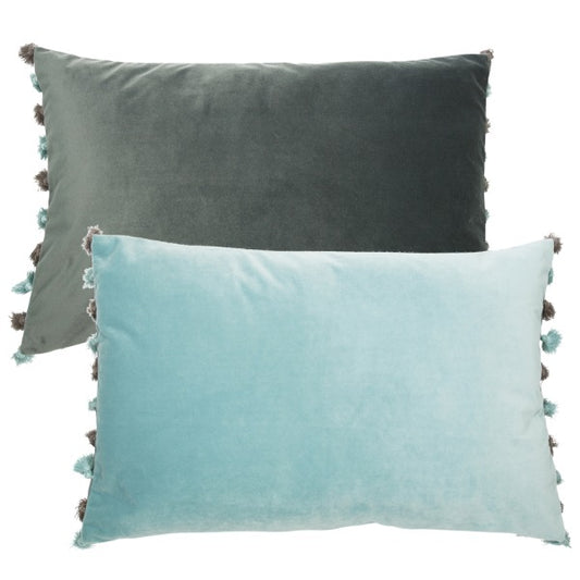 Velvet Teal and Slate Reversible Tassel Cushion