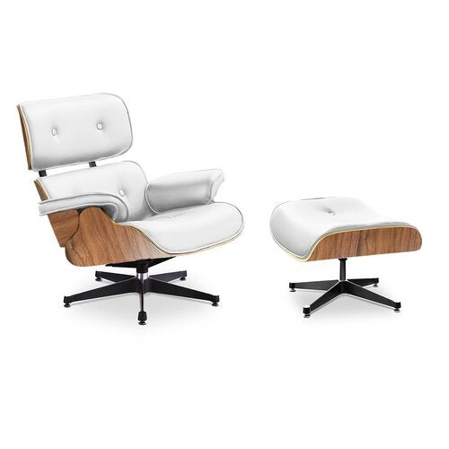 White Leather Lounge Chair and Ottoman