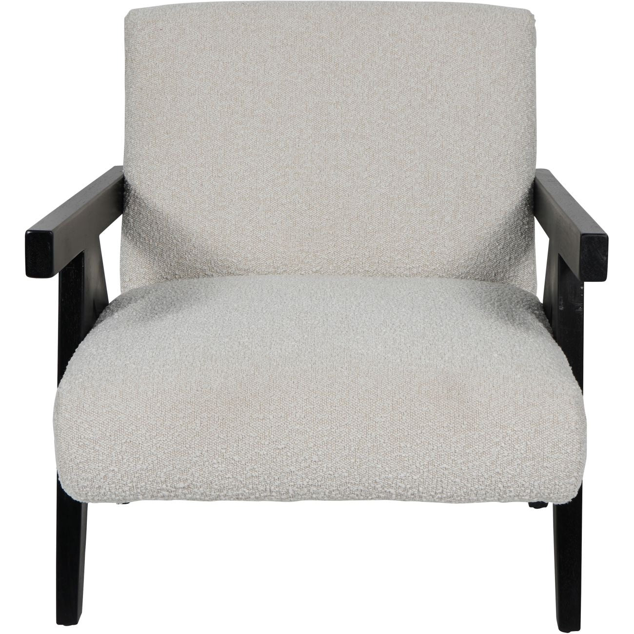 cream upholstered armchair with black wooden arms and legs on a white background