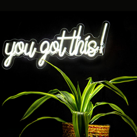 Neon sign with 'you got this!' text above a potted plant on a black background