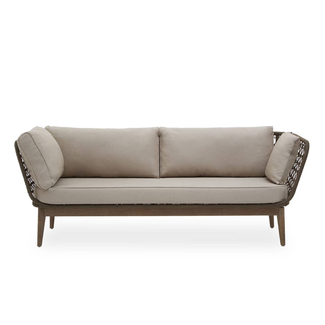 Beige outdoor sofa with woven armrests on a white background