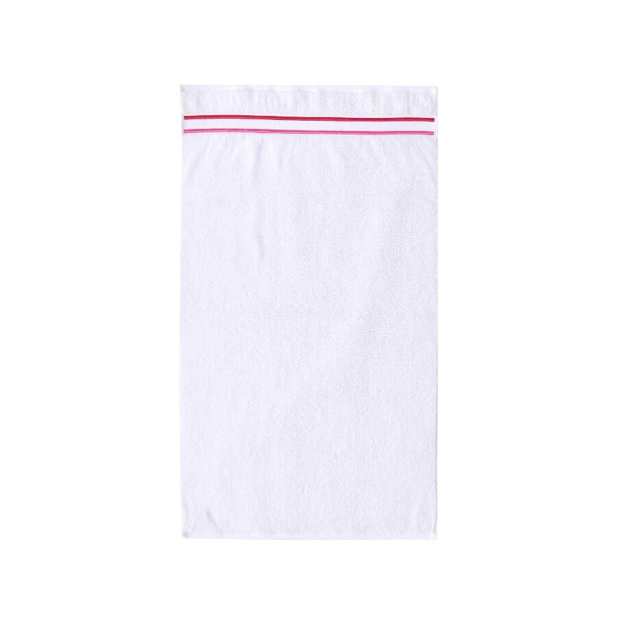 White towel with red stripes on a white background