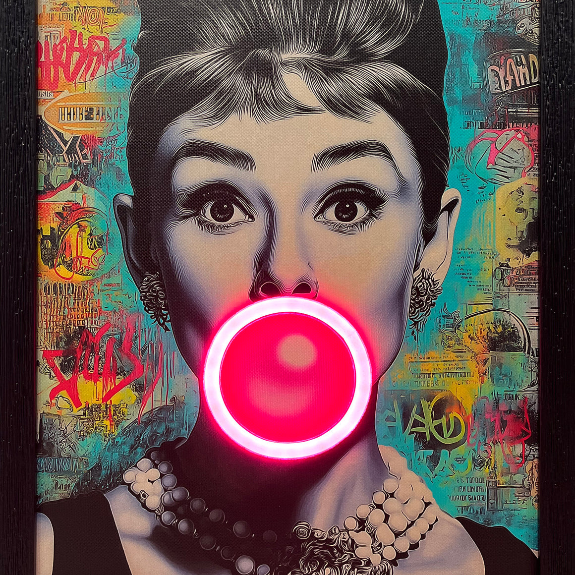 Artistic depiction of audrey hepburn with a bubble gum bubble against a colorful, graffiti-style background.