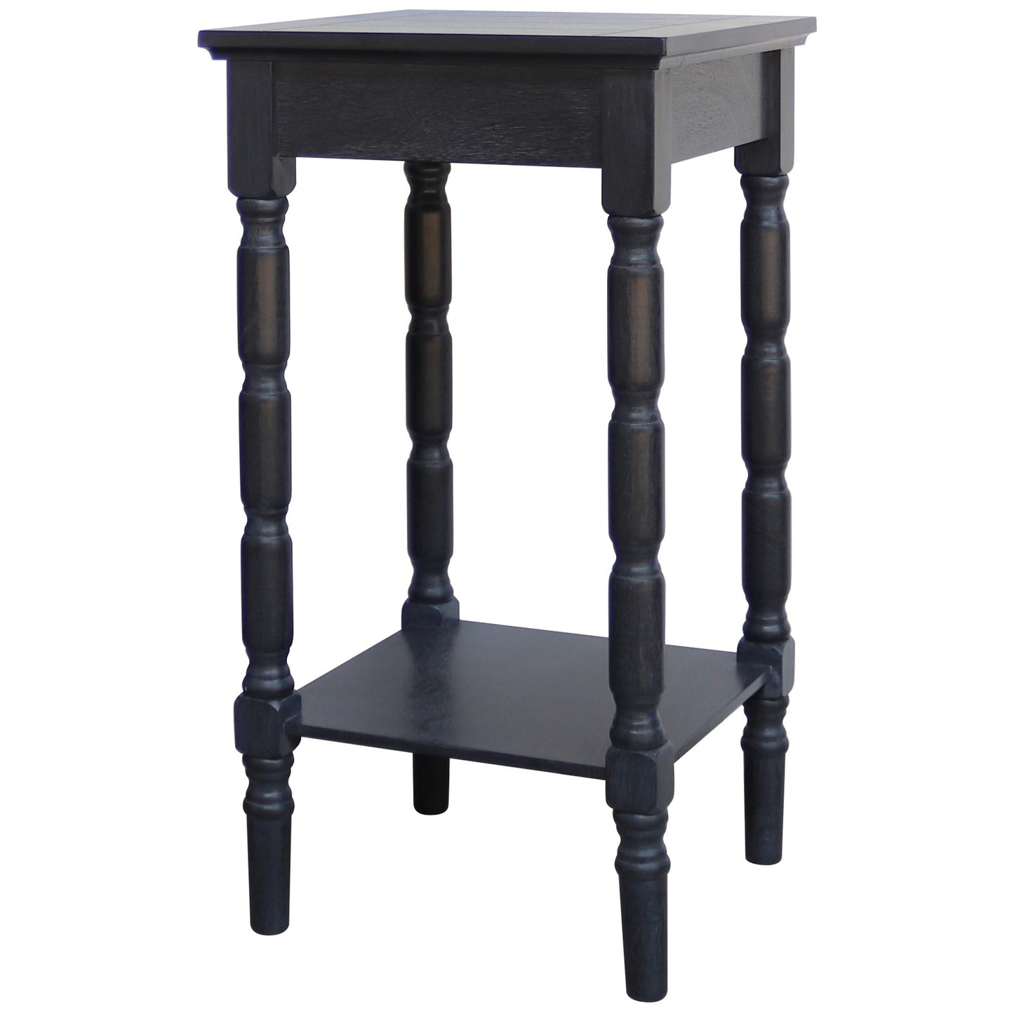 Black wooden side table with a single shelf on a white background