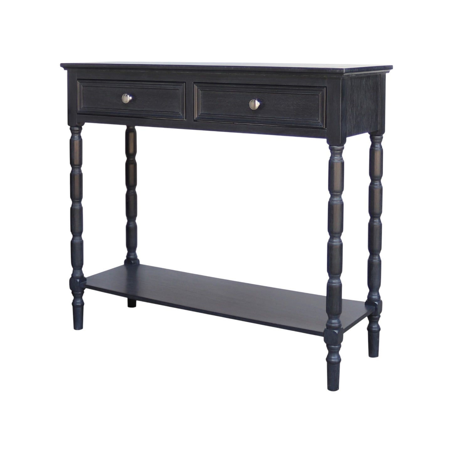 Black console table with two drawers and a shelf on a white background