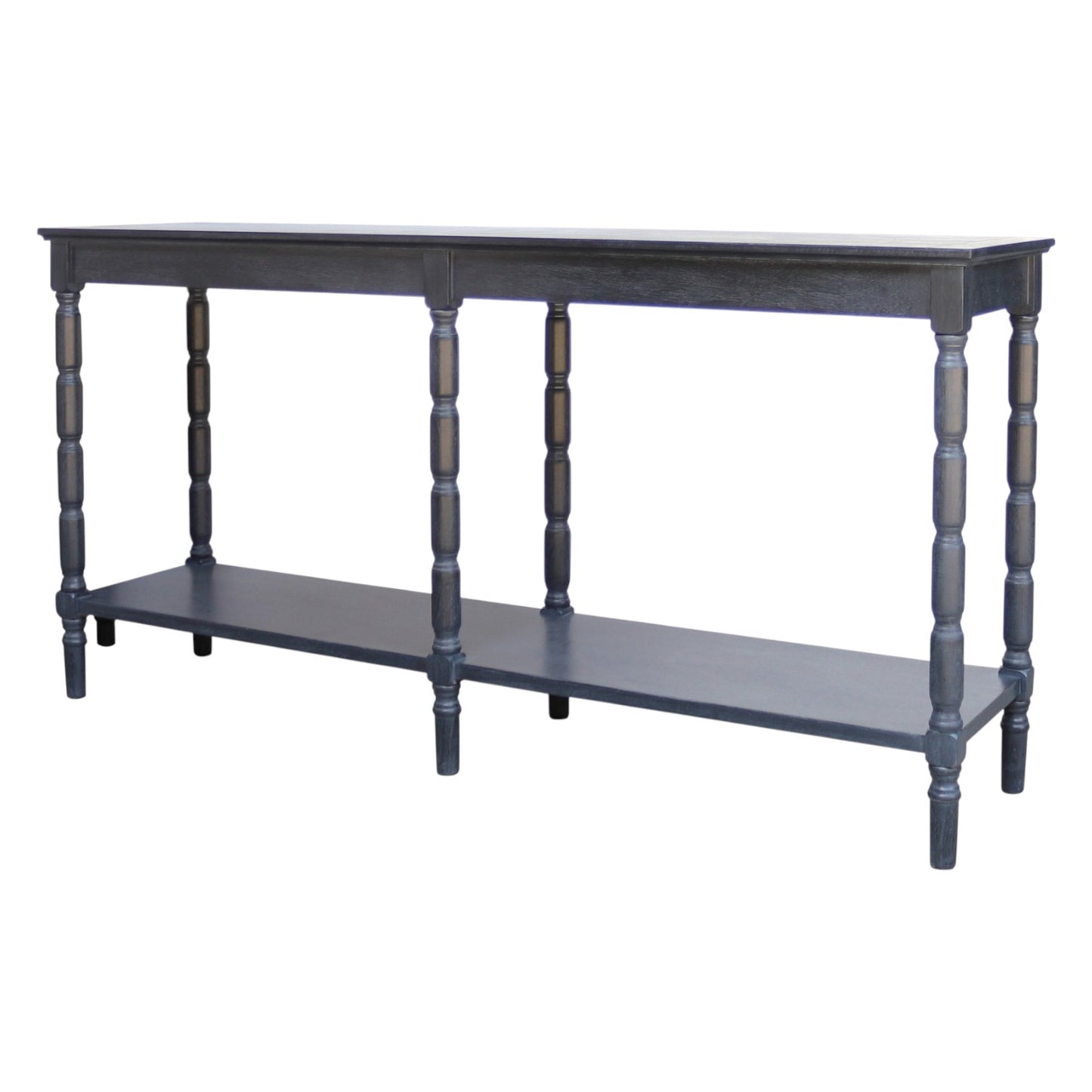 Dark wood console table with a shelf on a white background