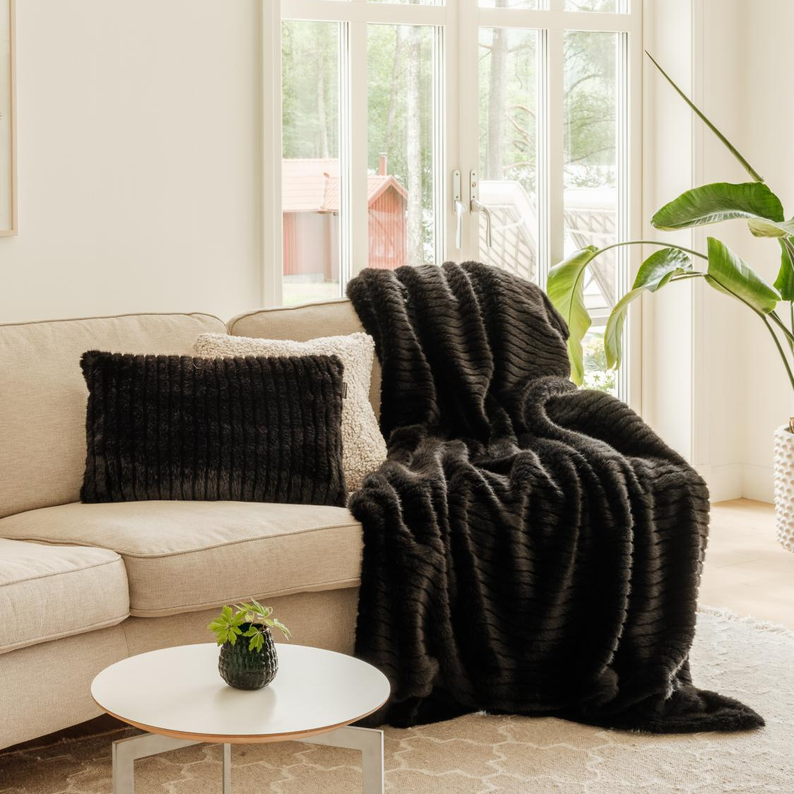 Cozy living room with a beige sofa, dark faux fur throw blanket, and a small plant on a round table.