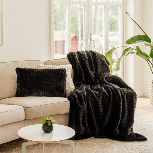 Cozy living room with a beige sofa, dark faux fur throw blanket, and a small plant on a round table.