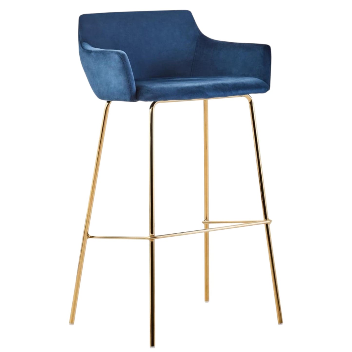 Blue bar stool with gold legs on a white background