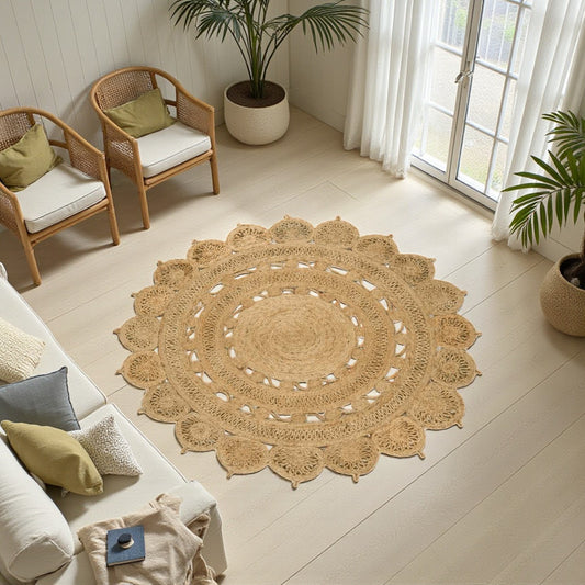 Round woven rug in a living room with chairs and a couch.