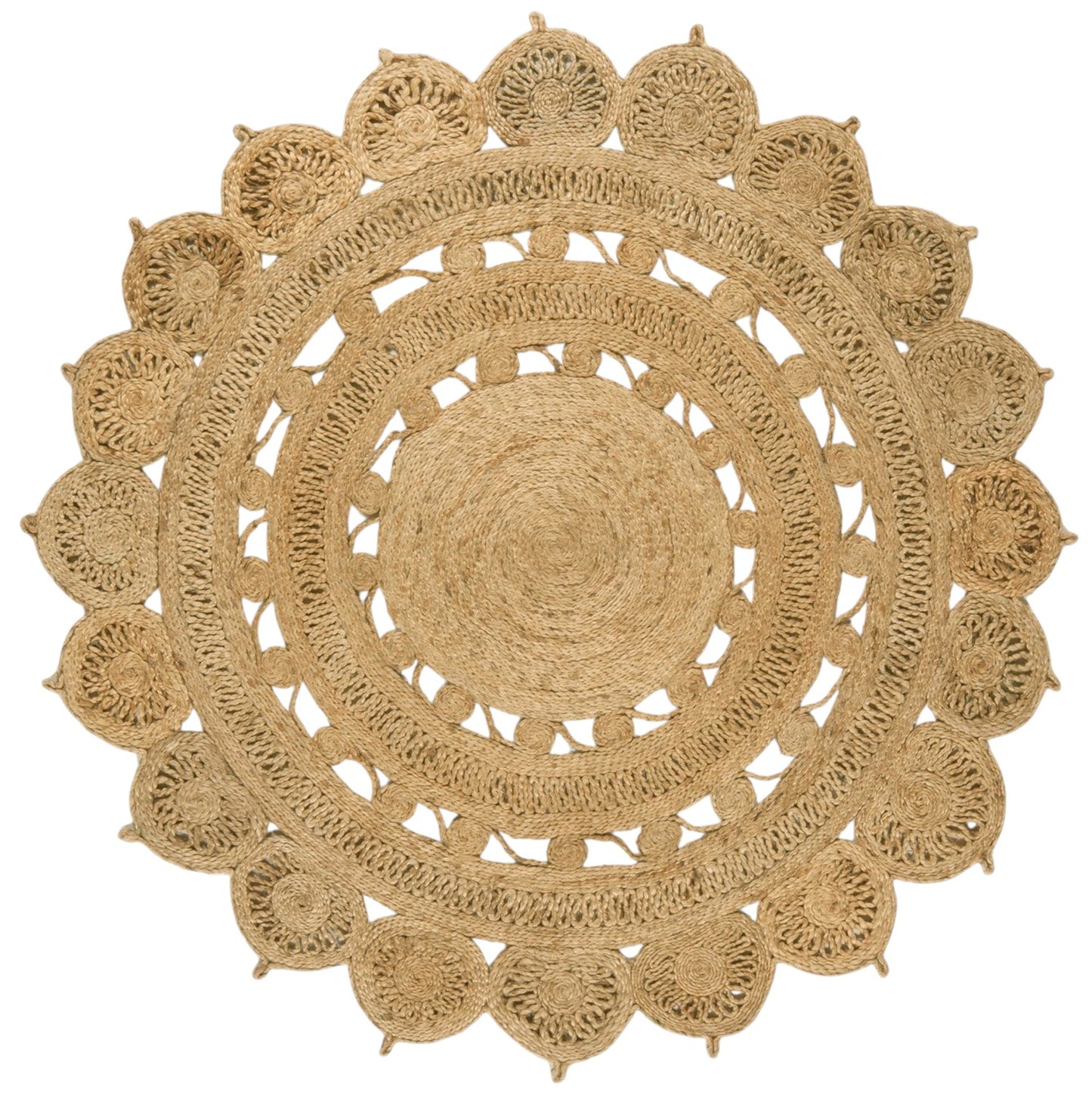Round woven rug with a decorative pattern on a white background