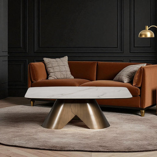 Modern living room with a brown sofa and marble coffee table.