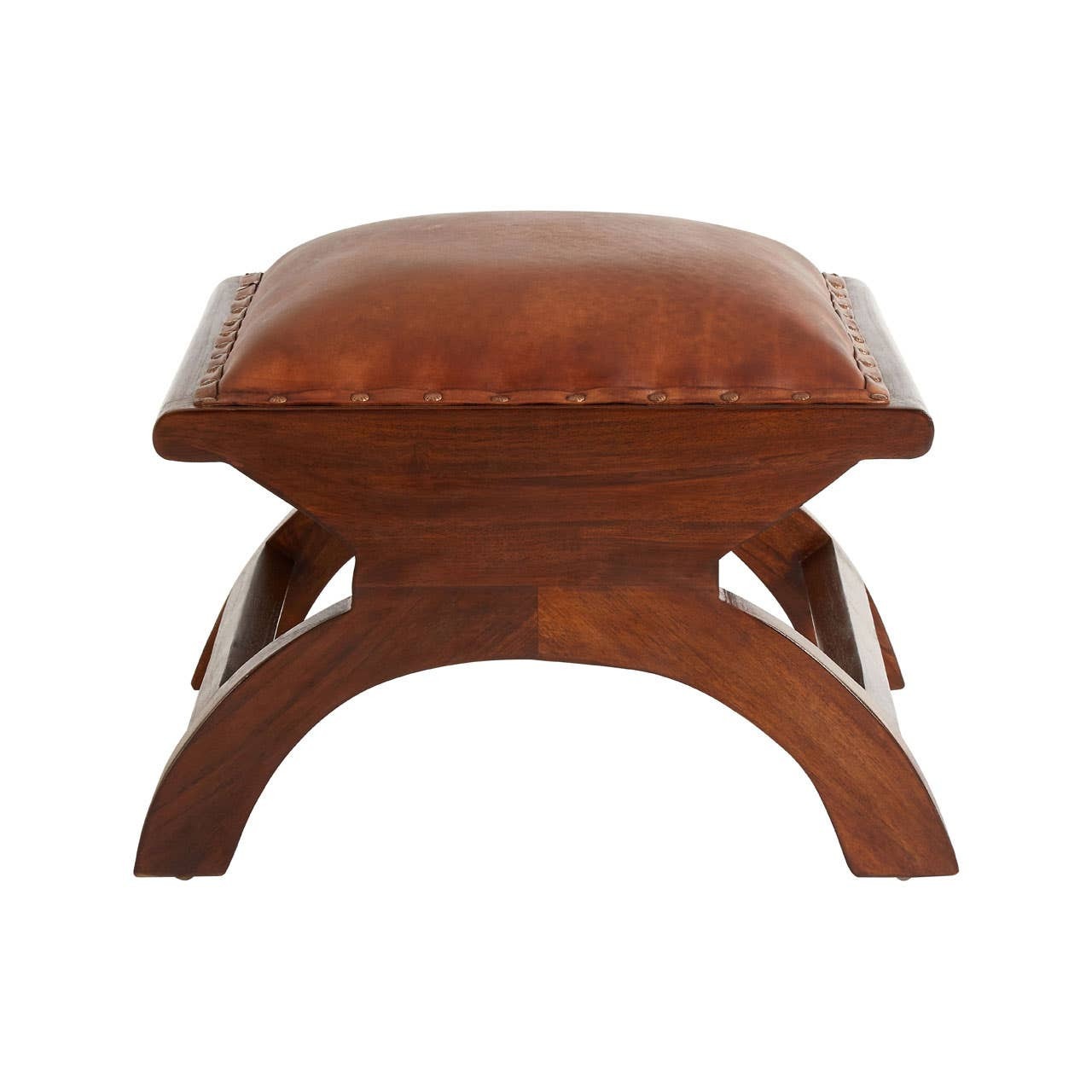 Wooden stool with a leather seat on a white background