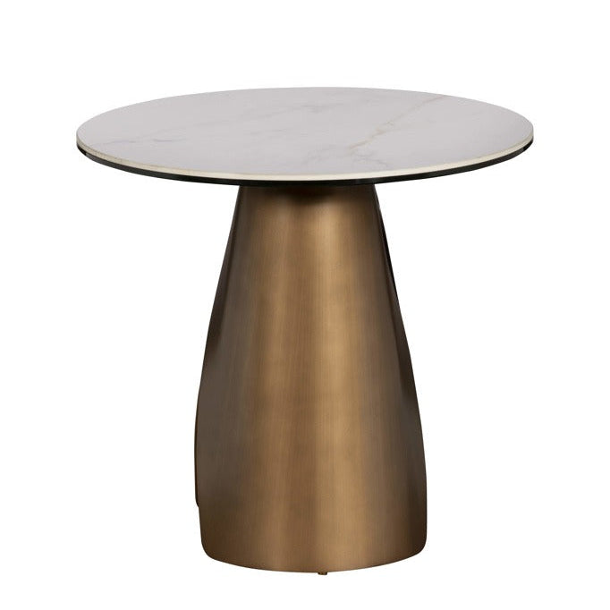 Round table with marble top and bronze base on a white background