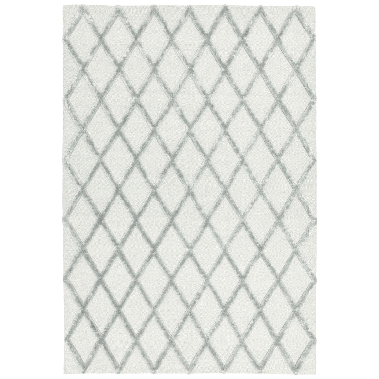 Silver rug with gray diamond pattern on a white background