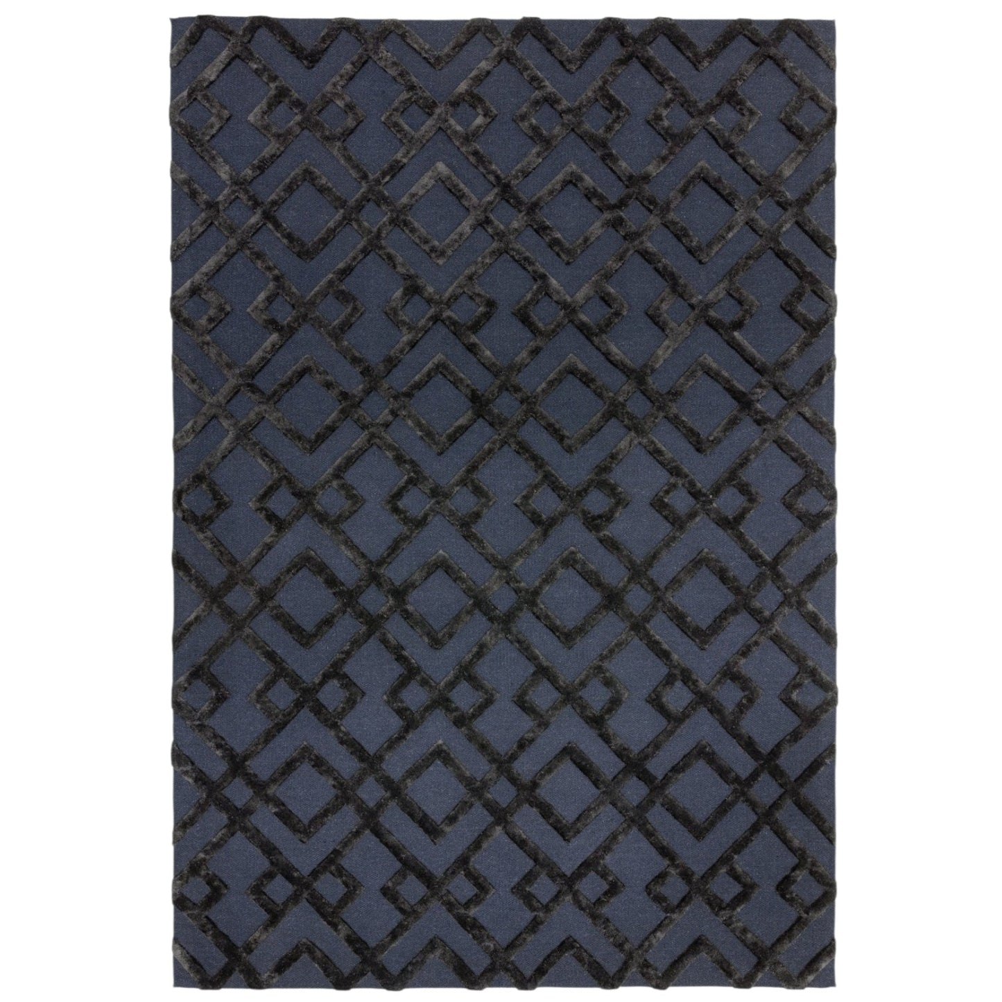 Black rug with geometric pattern on a white background