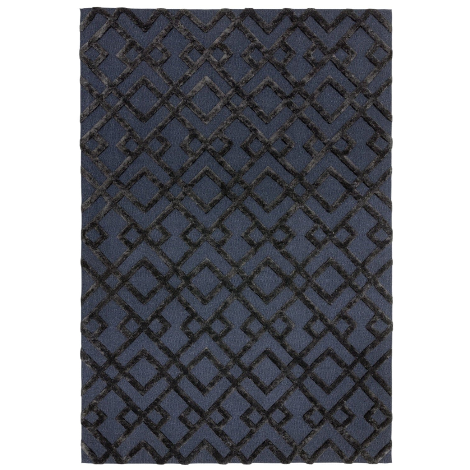 Black rug with geometric pattern on a white background