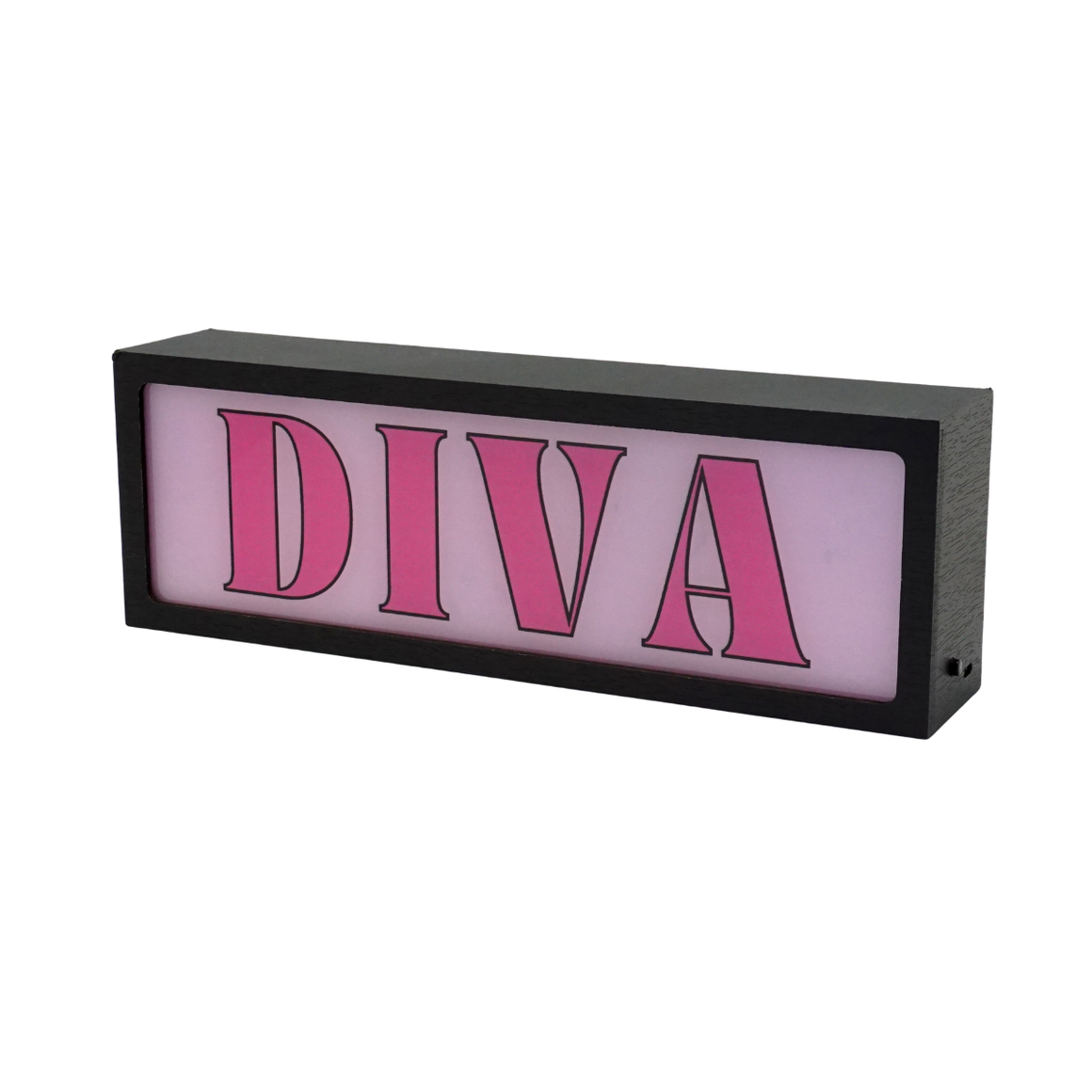 Light-up sign with the word 'DIVA' in pink letters on a white background