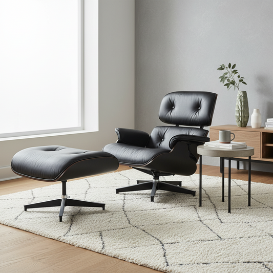 Modern black leather lounge chair and ottoman in a living room setting.