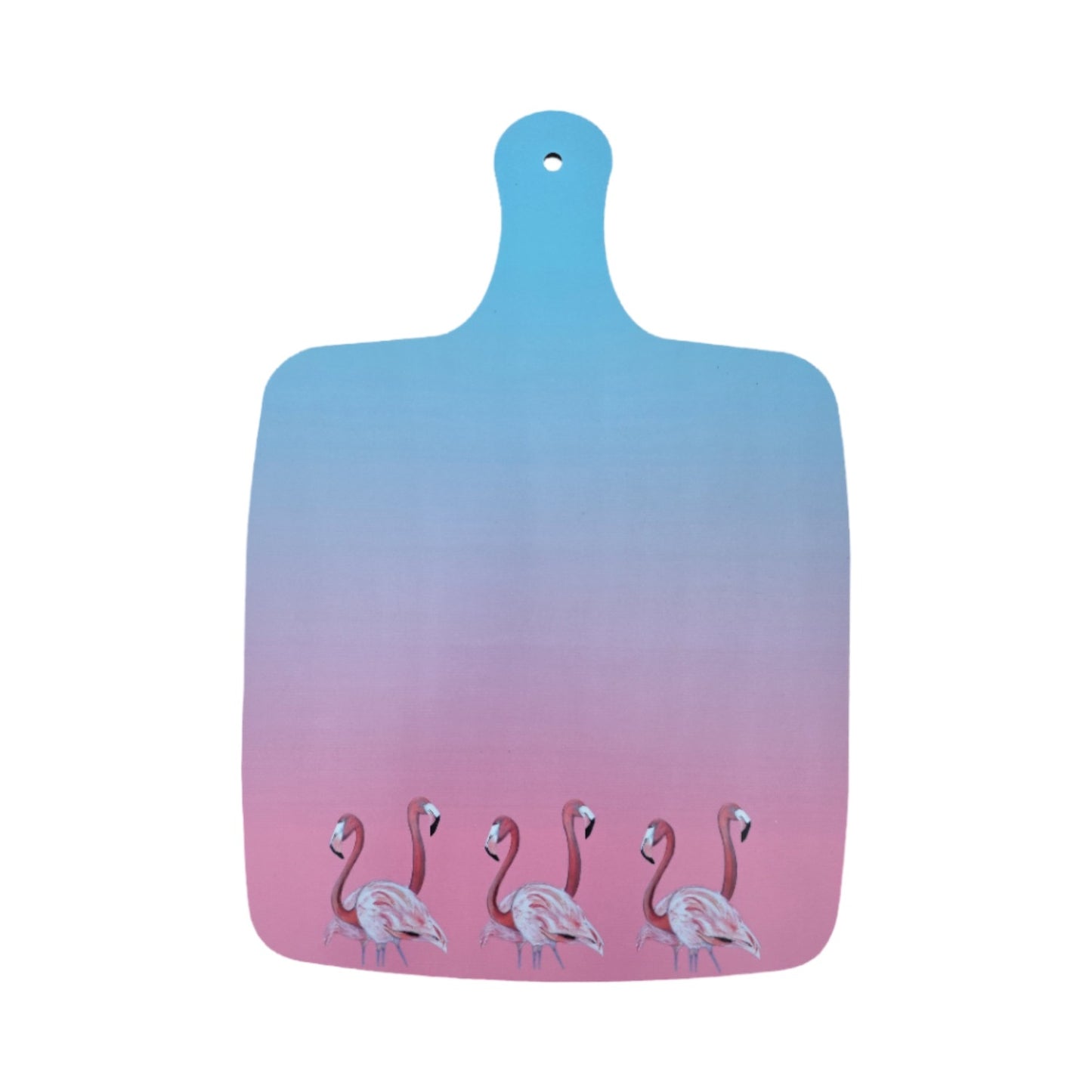 Gradient cutting board with flamingo design on a white background