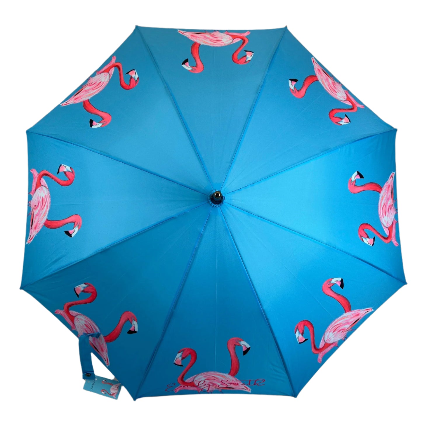 Blue umbrella with pink flamingo patterns on a black background