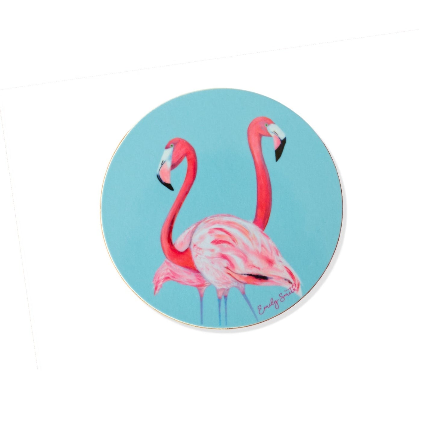 Round coaster with pink flamingo design on a blue background